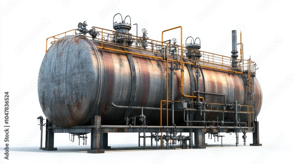 Large cylindrical oil refinery tanks with connecting pipes and valves, isolated on white background Large cylindrical oil refinery tanks with connecting pipes and valves, isolated on white background