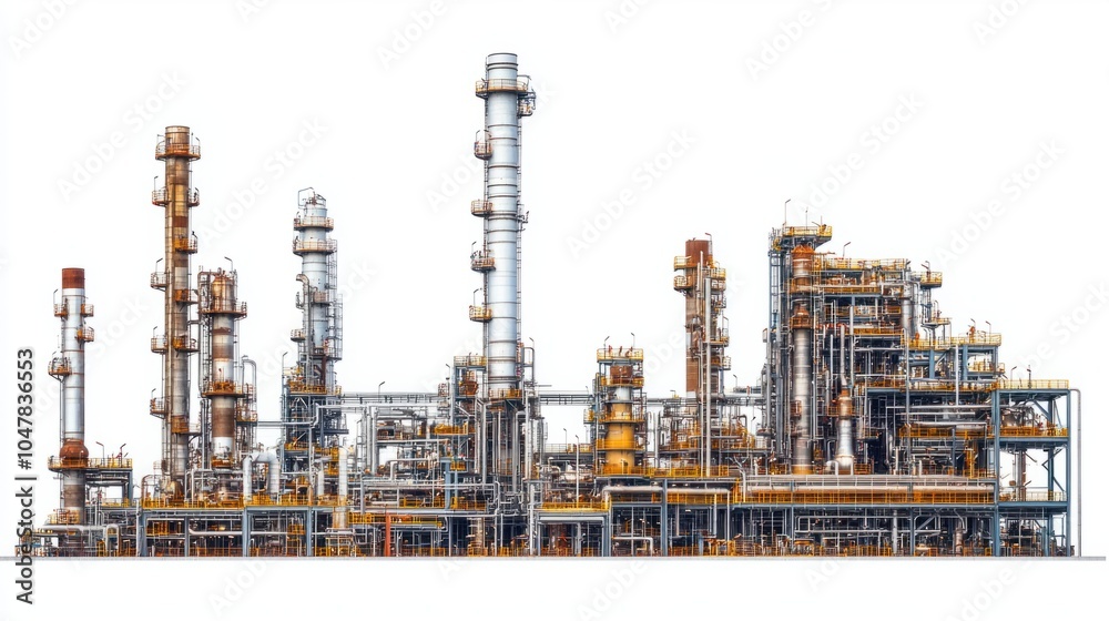 Large industrial oil refinery with chimneys and metal structures, isolated on white background