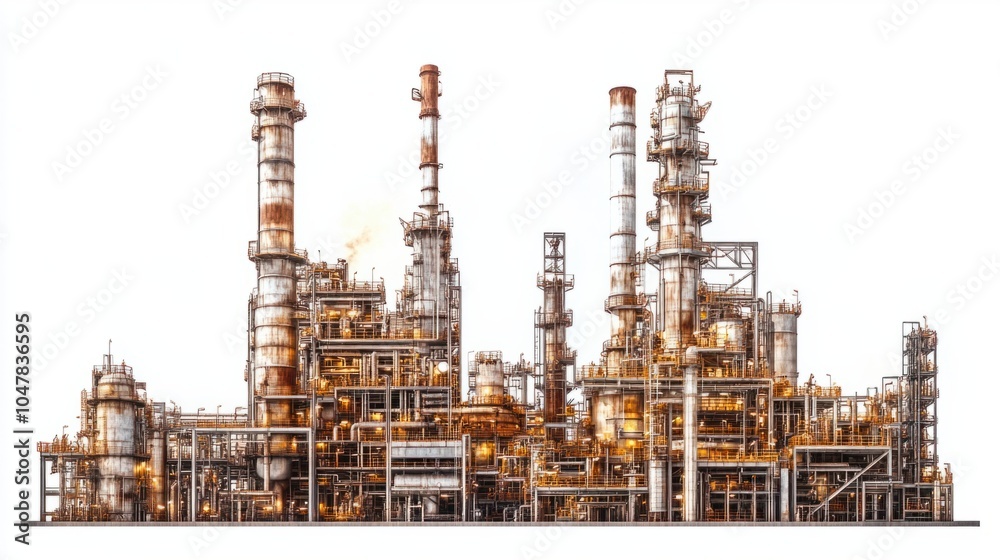 Obraz premium Large industrial oil refinery with chimneys and metal structures, isolated on white background