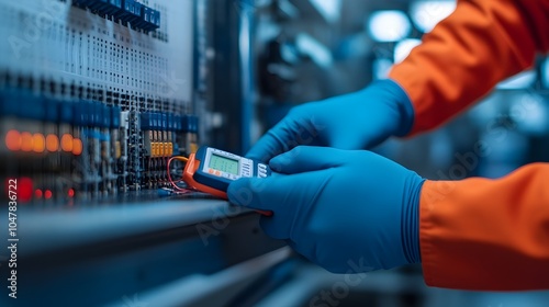 A close up shot of an engineer s gloved hands carefully using a multimeter to inspect and test electrical connections