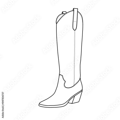 Women's Black Platform Knee High Boots  High Chunky Heel Square Toe shoes Line art, Technical sketch hand drawing outline vector doodle illustration side isometric 3D view isolated on white background