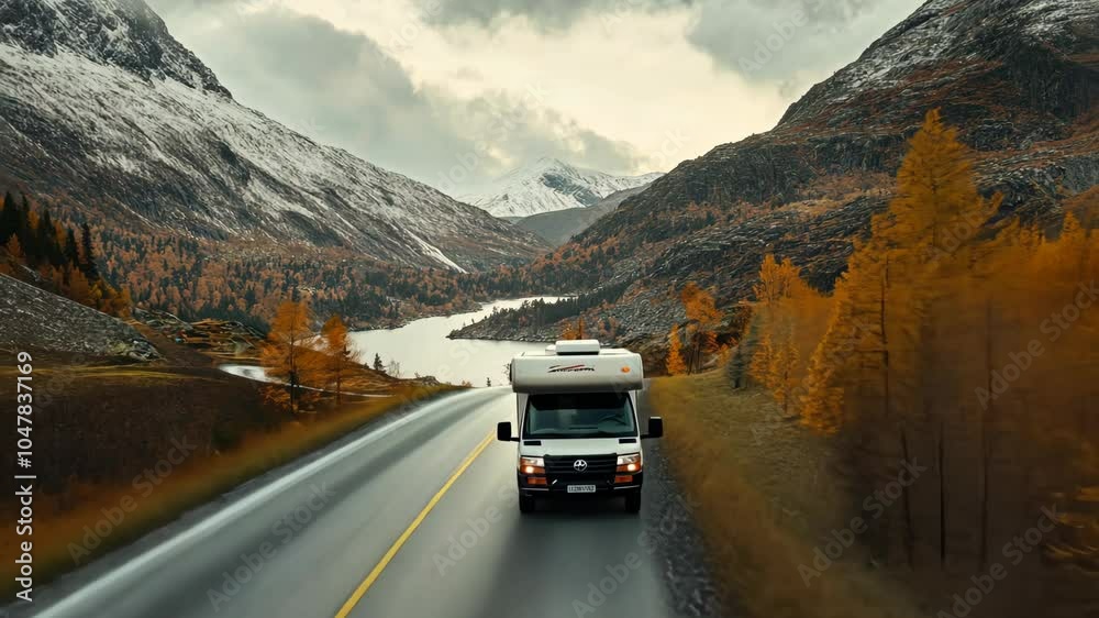 A white motorhome drives on a paved road through a mountain valley in the fall A white motorhome drives on a paved road through a mountain valley in the fall