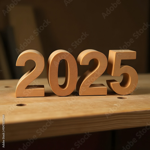 Mockup wooden numbers 2025 on wooden workbench surface background with space for text photo