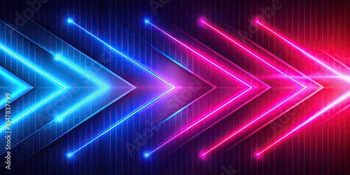 Abstract neon background with futuristic arrows pointing right direction in red, blue, and pink , render, panoramic, abstract, neon