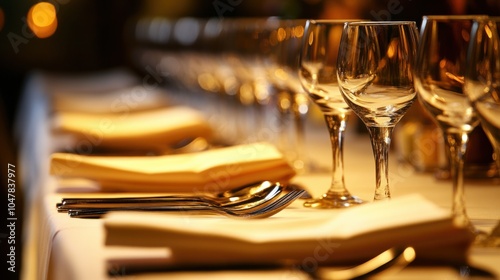 Wallpaper Mural Long banquet table with elegant table settings and dim, cozy lighting at a corporate event venue, isolated on white Torontodigital.ca
