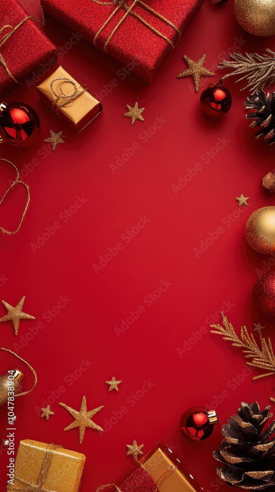 Christmas composition on a red background with golden and red decorations generative ai Christmas composition on a red background with golden and red decorations generative ai