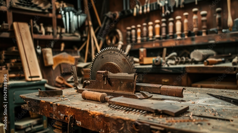 Rusty Circular Saw Blade and Tools on a Workshop Table Rusty Circular Saw Blade and Tools on a Workshop Table