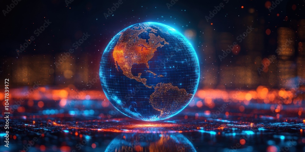 Futuristic realistic technology globe in floating hologram globalization concept. 3D illustration of glowing globe of the Earth planet with North America map view. Futuristic realistic technology globe in floating hologram globalization concept. 3D illustration of glowing globe of the Earth planet with North America map view.