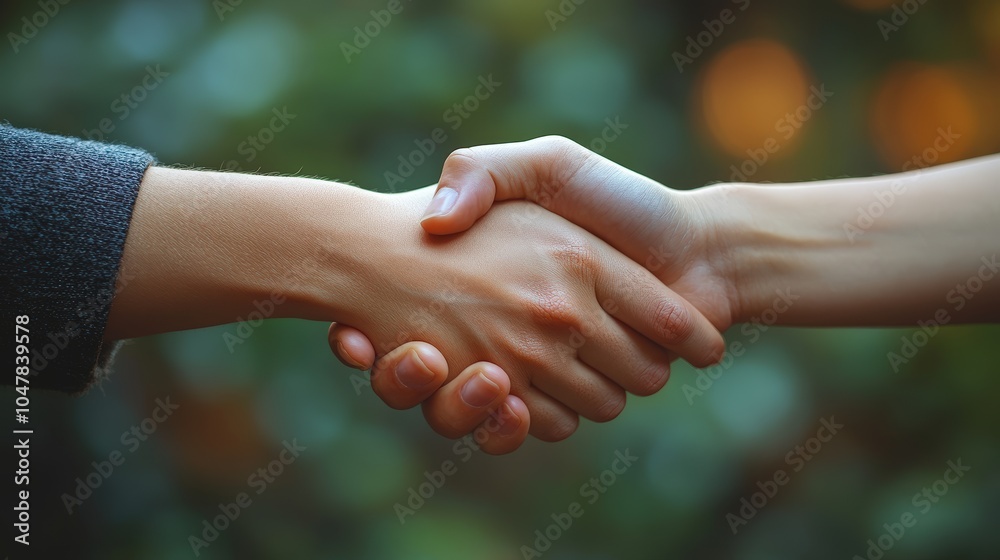 Close-up image of a handshake between two people set against a garden, symbolizing agreement, trust or introduction Close-up image of a handshake between two people set against a garden, symbolizing agreement, trust or introduction