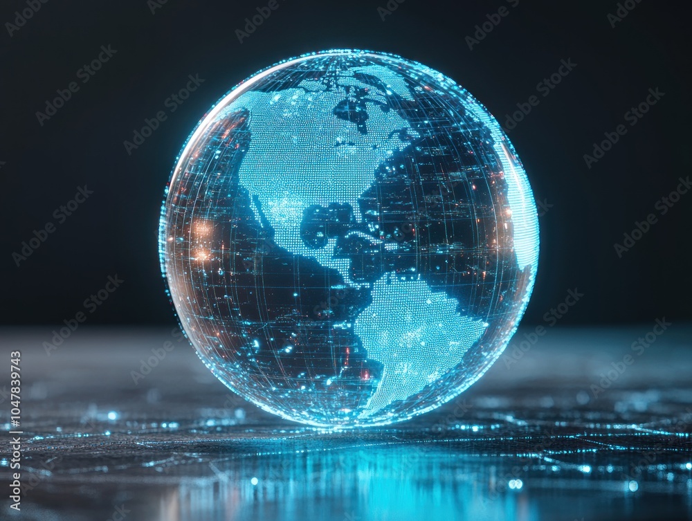 Futuristic realistic technology globe in floating hologram globalization concept. 3D illustration of glowing globe of the Earth planet with North America map view.