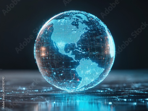 Obraz na płótnie Futuristic realistic technology globe in floating hologram globalization concept. 3D illustration of glowing globe of the Earth planet with North America map view. w salonie