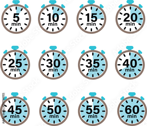 5, 10, 15, 20, 25, 30, 35, 40, 45, 50, 55, 60 min, Timer, clock, stopwatch set icons. stopwatch set icons. Timer, stopwatch icons set 10 20 30 40 50 60 seconds. Cooking time. flat style.