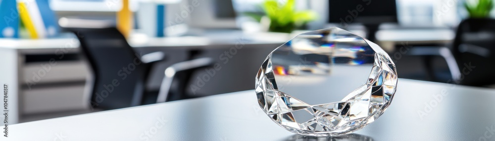 Crystal paperweight on a desk in an office, with chairs and a desk in the background. Crystal paperweight on a desk in an office, with chairs and a desk in the background.