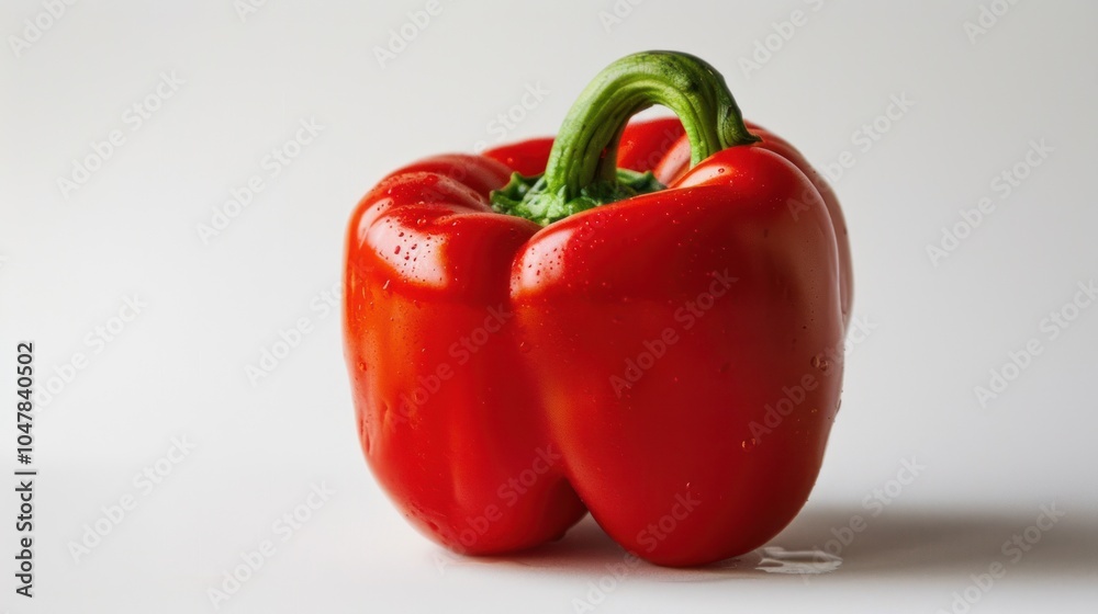 A Single Red Bell Pepper with Water Droplets on a White Background A Single Red Bell Pepper with Water Droplets on a White Background