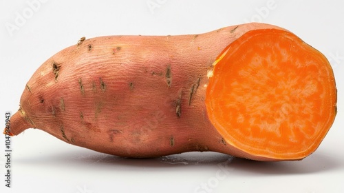 A Partially Sliced Raw Sweet Potato with Orange Flesh photo