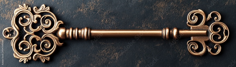 Ornate antique key with a gold finish on a dark rustic background. Ornate antique key with a gold finish on a dark rustic background.
