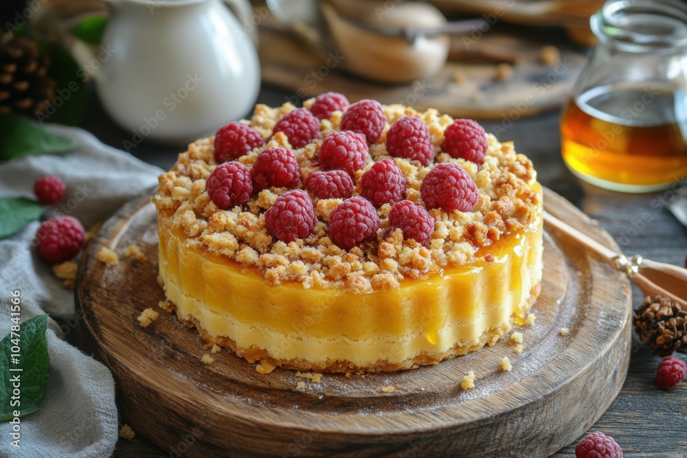 Delicious Rustic Raspberry Cheesecake with Golden Crumble and Warm Syrup, Perfect for a Fall Dessert Delicious Rustic Raspberry Cheesecake with Golden Crumble and Warm Syrup, Perfect for a Fall Dessert