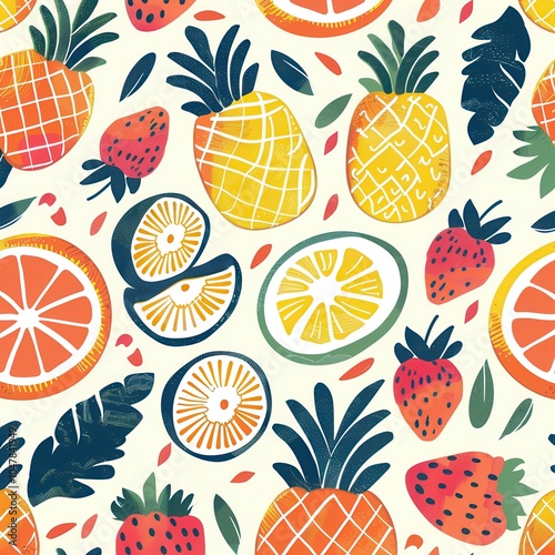 This design showcases a lively arrangement of pineapples, strawberries, and citrus slices in bright colors on a light background. Generative AI