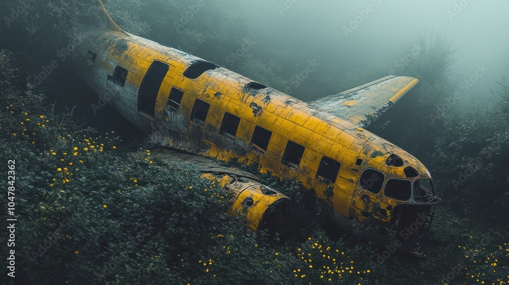 A yellow plane wreckage half submerged in fog and overgrown with vegetation. A yellow plane wreckage half submerged in fog and overgrown with vegetation.