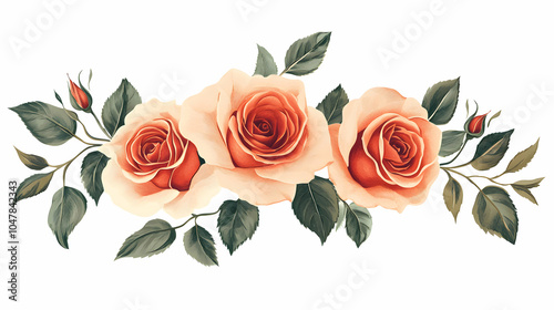 Simple Vector Flower Design Featuring Elegant Roses and Lush Green Leaves on a Soft Background