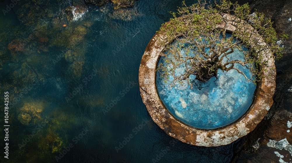 Obraz premium Serene Tree in Round Stone Pool Above Water