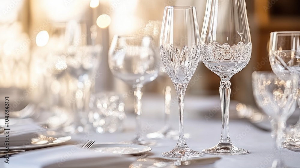Sophisticated corporate dinner venue with warm lighting, crystal glasses, and refined table settings, isolated on white Sophisticated corporate dinner venue with warm lighting, crystal glasses, and refined table settings, isolated on white