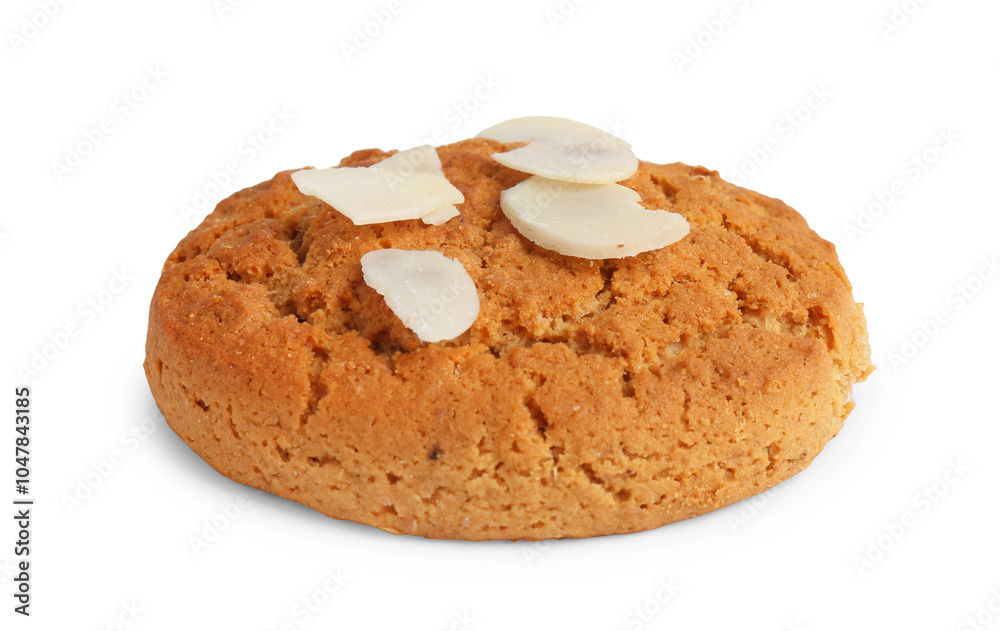 One tasty cookie with almond flakes isolated on white One tasty cookie with almond flakes isolated on white