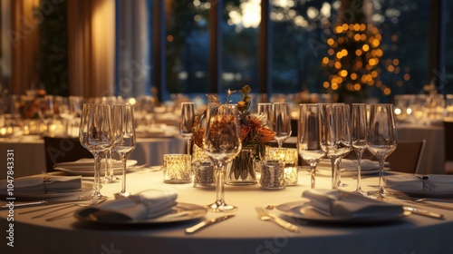 Sophisticated corporate dinner venue with warm lighting, crystal glasses, and refined table settings, isolated on white