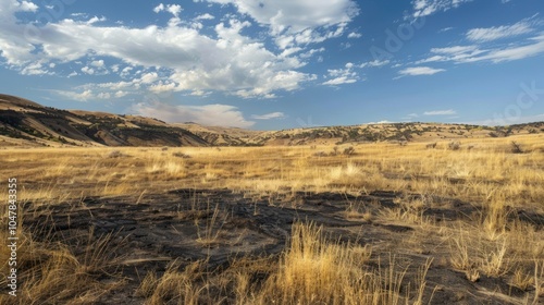 Burned Grassland with Hills and a Blue Sky in the Background