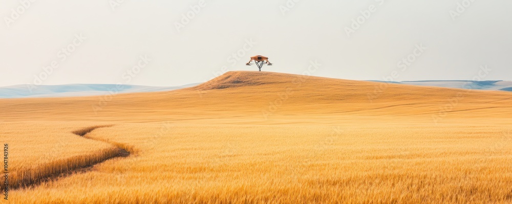 Obraz premium A single tree stands tall on a golden field, a winding path leading through the landscape.