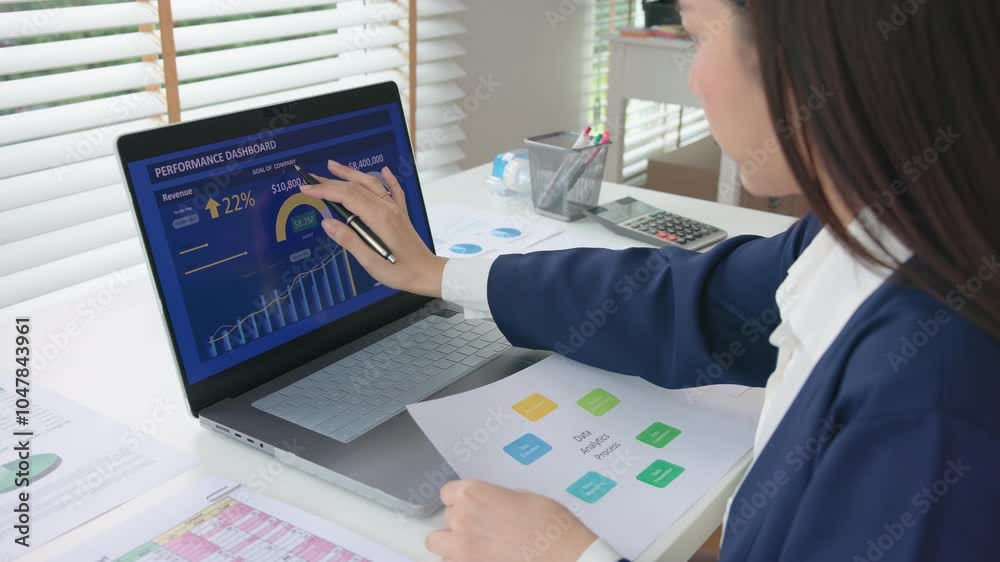 Asia people expert woman AI deep tech talent working on project predict sales insight SEO graph chart plan visual big data science report center BI smart tools screen. Office worker asian analyst job.