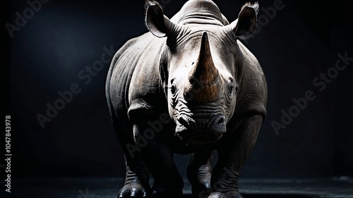 majestic wild rhino with impressive horn in dark room professional photo