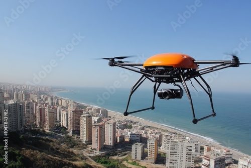 An orange drone flies over a coastal city with a camera attached to the bottom, capturing stunning aerial footage. photo