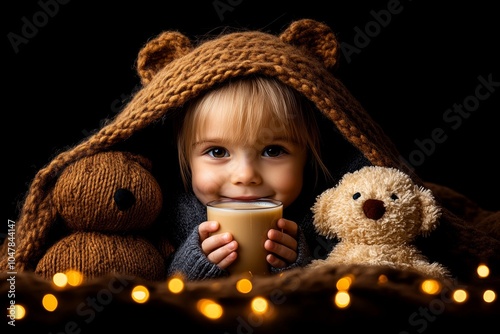 A child taking a sip of warm milk before bedtime, wrapped in a cozy blanket with a soft toy beside them photo