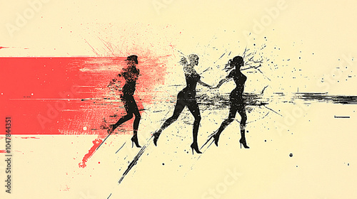 Abstract Silhouettes of Women in Motion with Dynamic Brush Strokes and Splatter Effects in a Minimalist Red and Black Art Composition photo