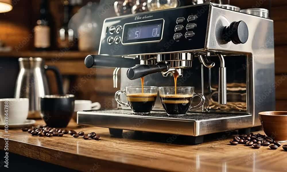 A modern coffee machine is brewing coffee, with steam rising and the distinctive aroma of coffee.