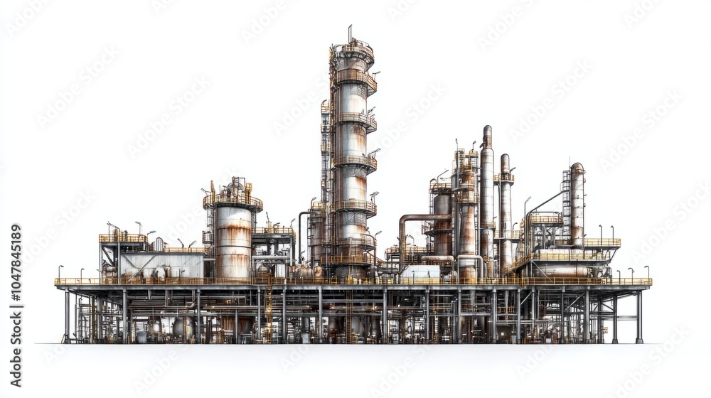 Tall oil refinery distillation tower with surrounding pipes and platforms, isolated on white background Tall oil refinery distillation tower with surrounding pipes and platforms, isolated on white background