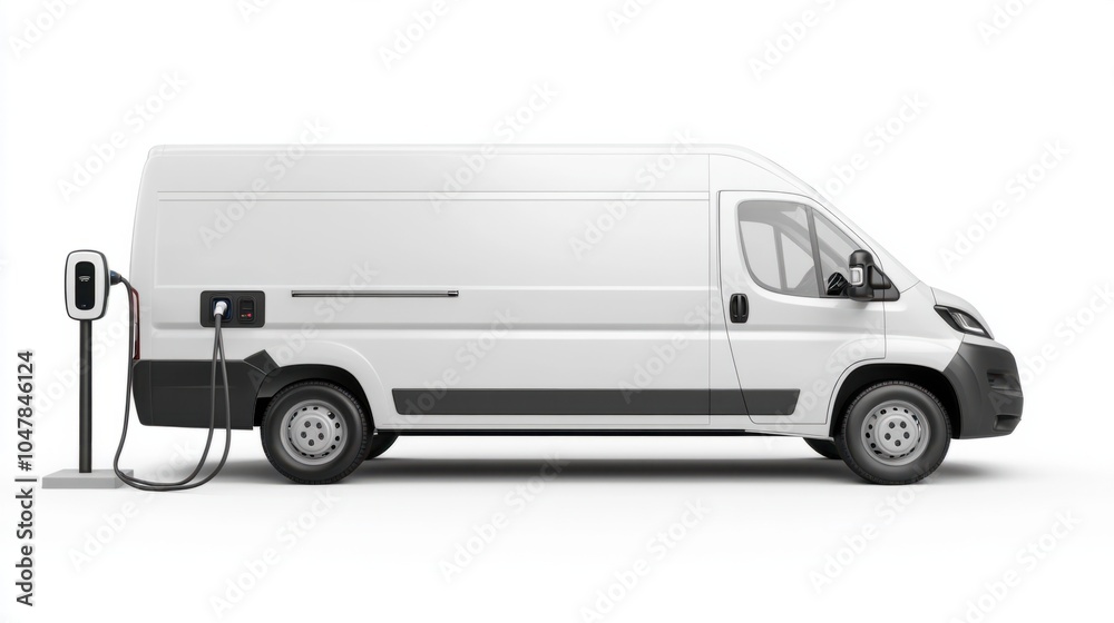 Zero-emission electric cargo van at a charging station, promoting sustainable logistics solutions, isolated on white background