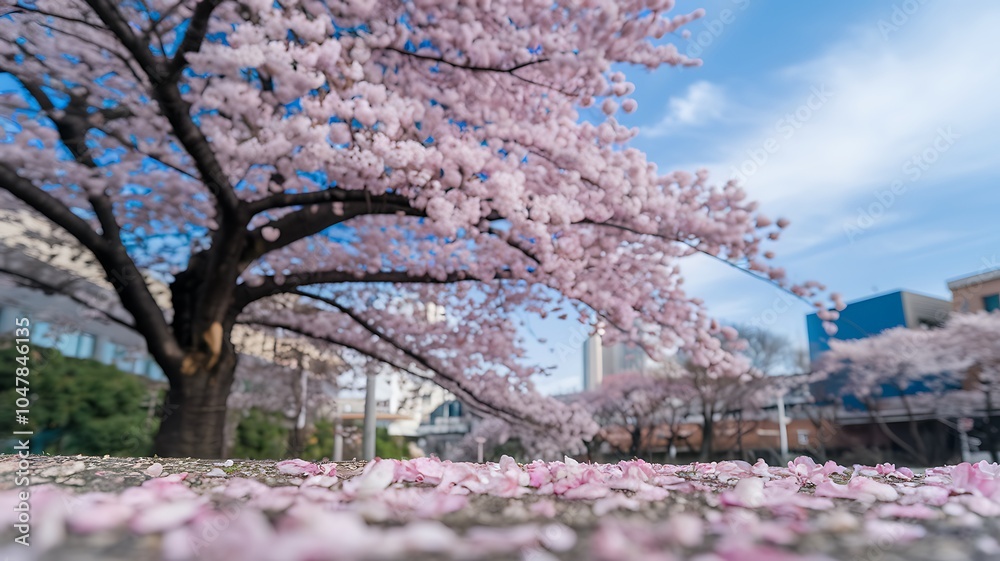 Pink Cherry Blossoms Scattered on the Ground with a Blurred Background of a Tree Pink Cherry Blossoms Scattered on the Ground with a Blurred Background of a Tree