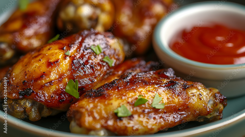 Close-Up of Crispy Fried Chicken Wings on a Plate, Highlighting Golden Skin and Juicy Texture Close-Up of Crispy Fried Chicken Wings on a Plate, Highlighting Golden Skin and Juicy Texture