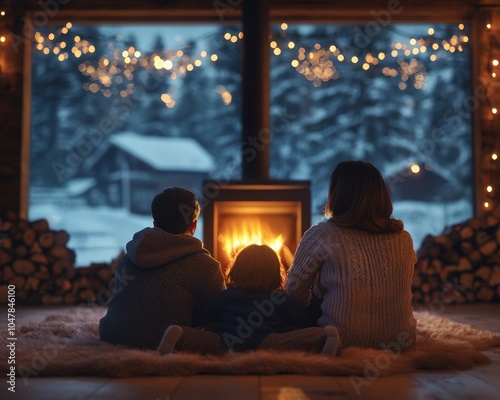 Warmth and Joy Family Gathered Around a Glowing Fireplace on a Cozy Winter Night, Sharing Stories and Laughter in a Rustic Cabin Setting