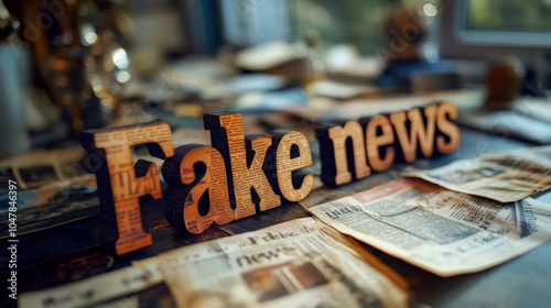 Fake news wooden text blocks are on a table with newspapers around. Concept highlights misinformation in media. For education on media literacy and awareness