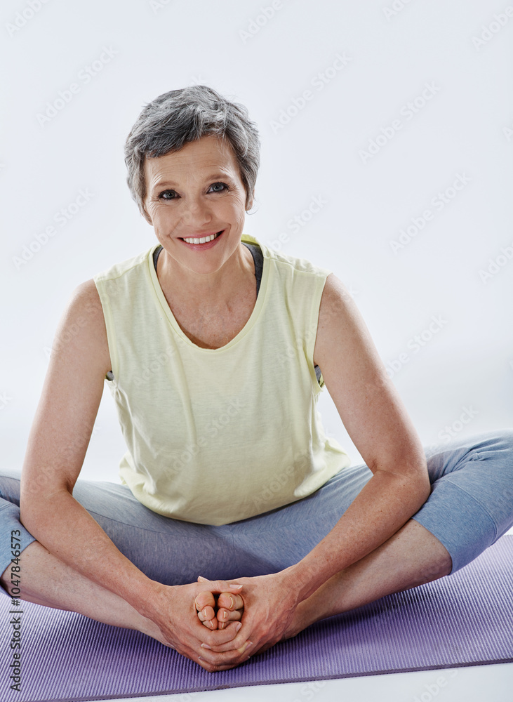 Portrait, yoga and mature woman on mat, fitness and smile for routine in morning, healthy and warm up. Gym, flexible and activity for pilates, workout and exercise for person, happy and confident Portrait, yoga and mature woman on mat, fitness and smile for routine in morning, healthy and warm up. Gym, flexible and activity for pilates, workout and exercise for person, happy and confident