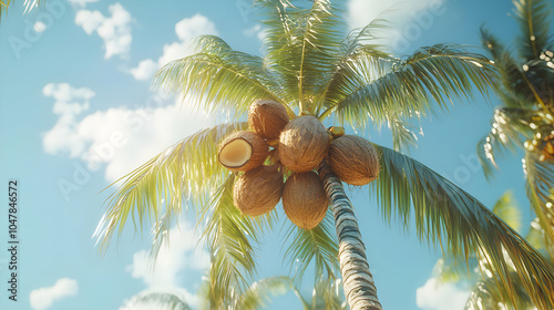 Lush Coconut Tree with Ripe Coconuts Under Clear Blue Sky in Tropical Setting photo