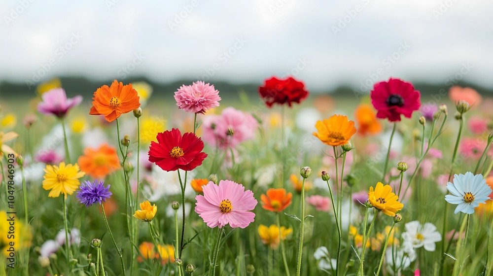A vibrant field of colorful flowers blooming under a bright sky, creating a picturesque and lively scene in nature. A vibrant field of colorful flowers blooming under a bright sky, creating a picturesque and lively scene in nature.
