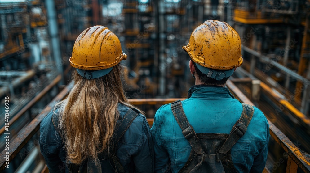 Industrial teamwork: A male and female engineer, both in yellow hard hats, navigating a complex industrial facility Industrial teamwork: A male and female engineer, both in yellow hard hats, navigating a complex industrial facility