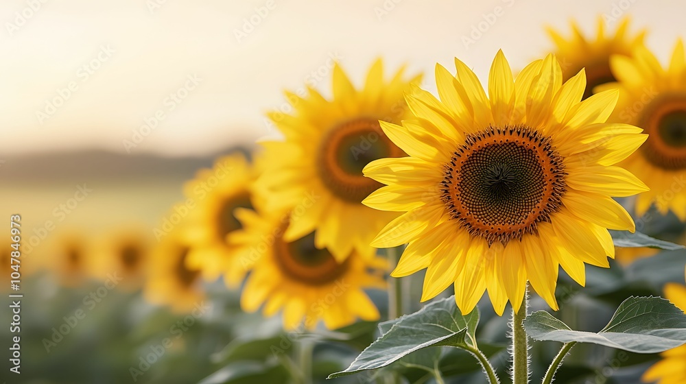 Fototapeta premium A vibrant field of sunflowers bathed in warm sunlight, showcasing their bright yellow petals and dark centers, creating a cheerful and serene atmosphere.