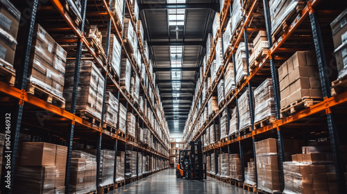 Wallpaper Mural High shelves filled with boxes line a warehouse aisle with a forklift in use. Concept of storage and logistics. For warehouse management visuals Torontodigital.ca
