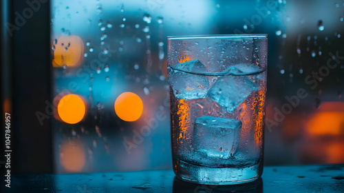 Glass of Refreshing Ice Water with Condensation on Surface, Close-Up View photo