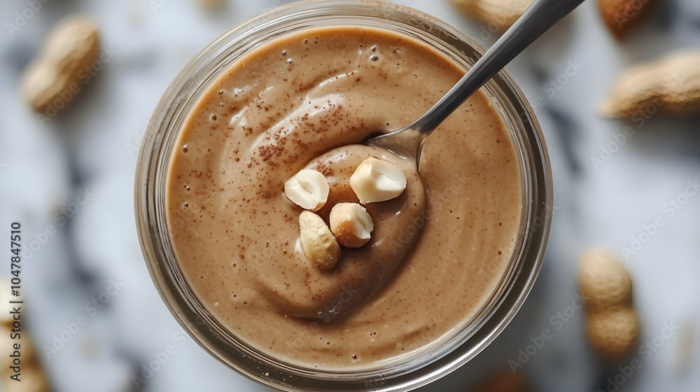 Creamy Peanut Butter Jar with Spoon Dipped In, Close-Up on Smooth Texture and Rich Color, Ideal for Food Photography Creamy Peanut Butter Jar with Spoon Dipped In, Close-Up on Smooth Texture and Rich Color, Ideal for Food Photography